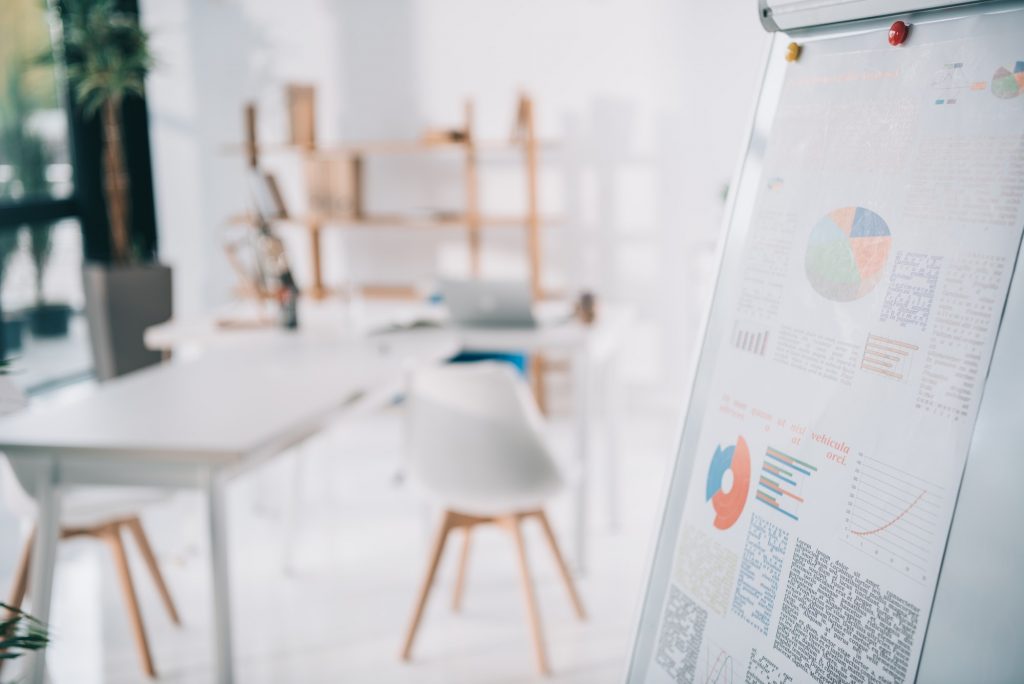 flipchart with business infographics in modern office